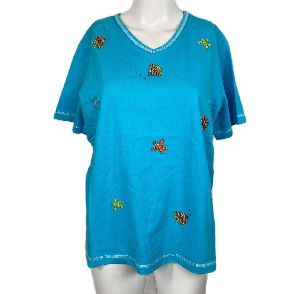 Quacker Factory Shirt Womens M Blue Ocean Starfish Beaded‎ Stretch Cotton Shirt